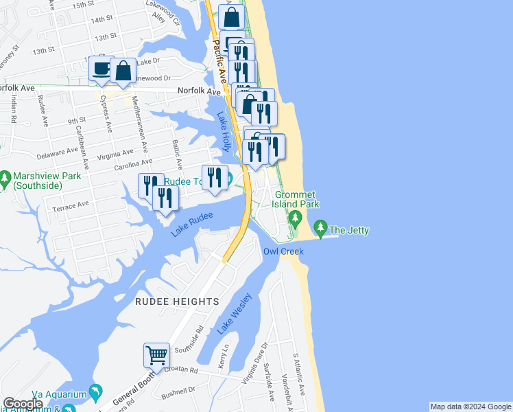 map of restaurants, bars, coffee shops, grocery stores, and more near 312 Atlantic Avenue in Virginia Beach