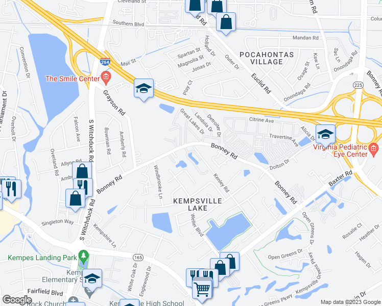 map of restaurants, bars, coffee shops, grocery stores, and more near 5018 Kemps Lake Drive in Virginia Beach