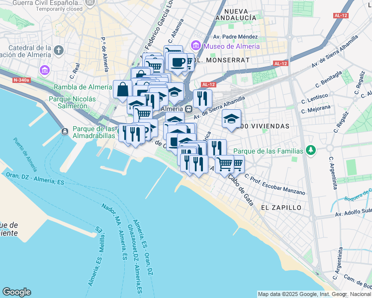 map of restaurants, bars, coffee shops, grocery stores, and more near 9 Calle la Marina in Almería