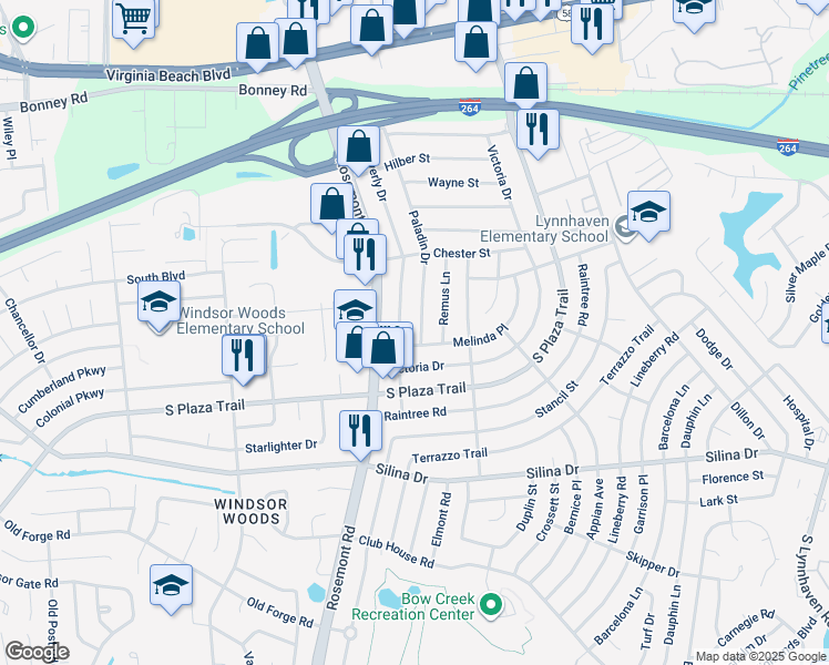 map of restaurants, bars, coffee shops, grocery stores, and more near 241 Paladin Drive in Virginia Beach