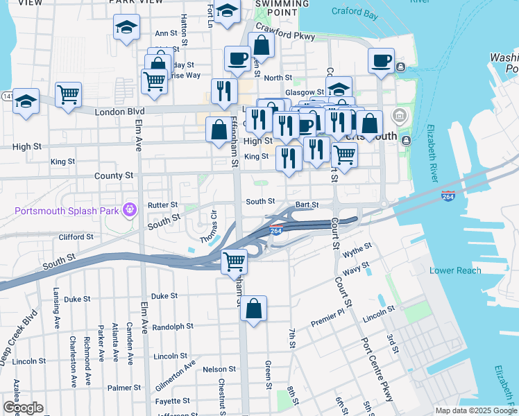 map of restaurants, bars, coffee shops, grocery stores, and more near 921 Effingham Street in Portsmouth