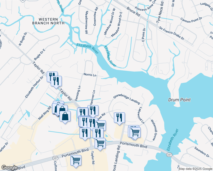map of restaurants, bars, coffee shops, grocery stores, and more near 2513 Quail Ridge Court in Chesapeake