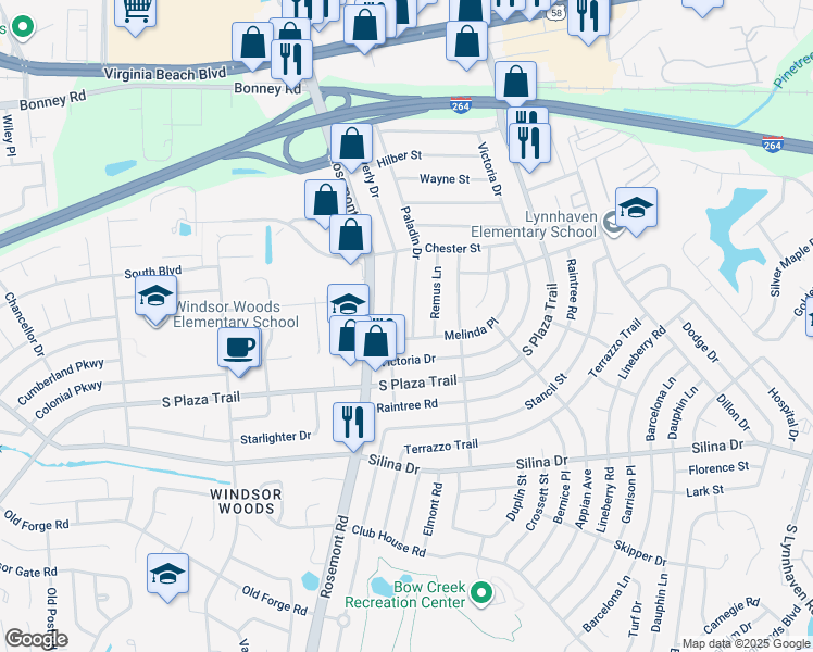map of restaurants, bars, coffee shops, grocery stores, and more near 241 Paladin Drive in Virginia Beach