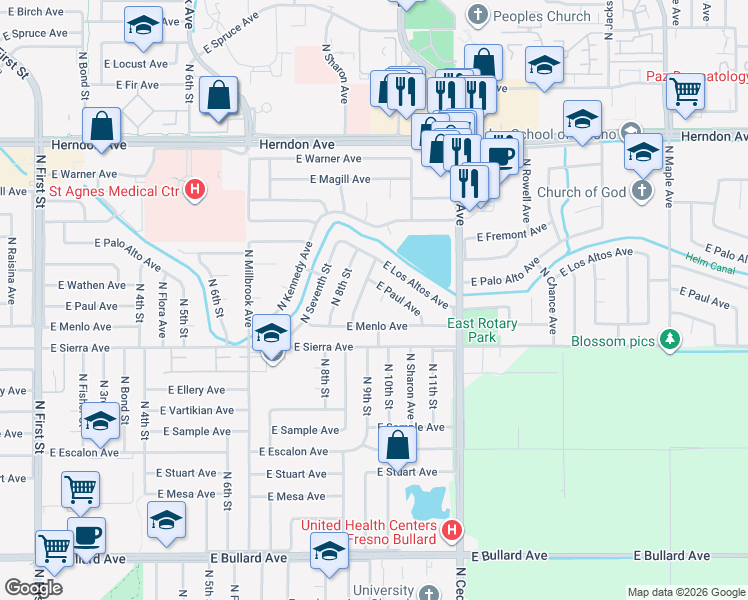map of restaurants, bars, coffee shops, grocery stores, and more near 6515 North Spalding Avenue in Fresno