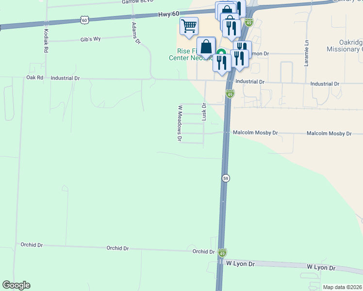 map of restaurants, bars, coffee shops, grocery stores, and more near 1916 Meadows Drive in Neosho