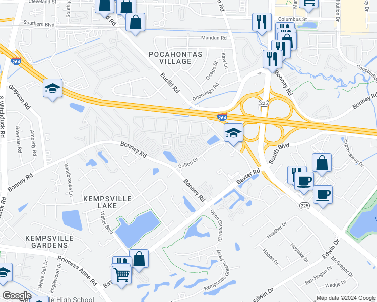 map of restaurants, bars, coffee shops, grocery stores, and more near 200-298, 201-299 Ronson Lane in Virginia Beach