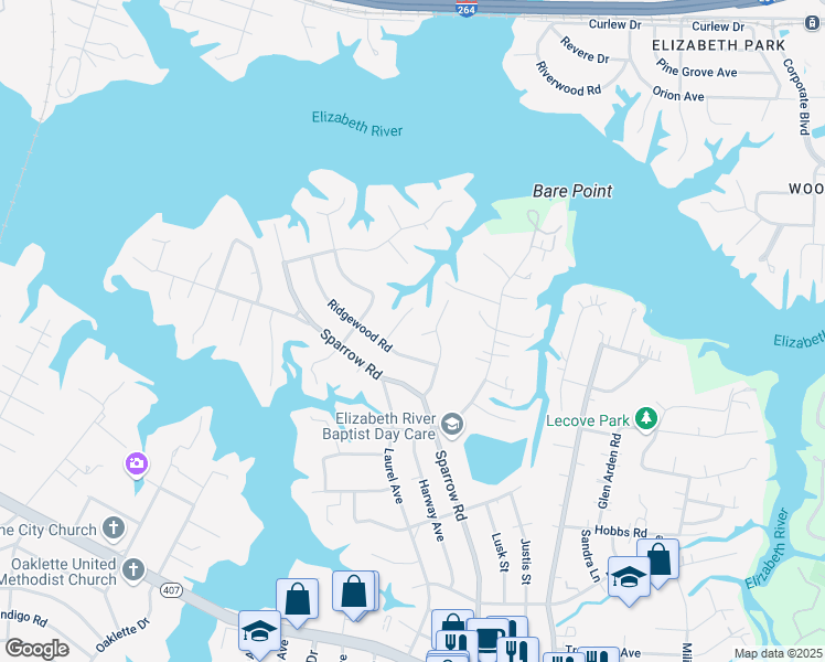 map of restaurants, bars, coffee shops, grocery stores, and more near 4009 Ridgewood Court in Chesapeake