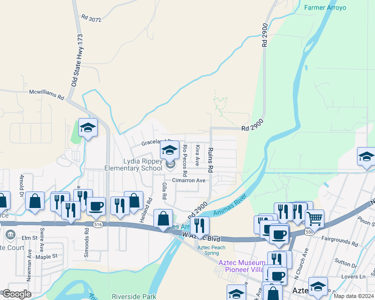 map of restaurants, bars, coffee shops, grocery stores, and more near 1100-1104 Graceland Drive in Aztec