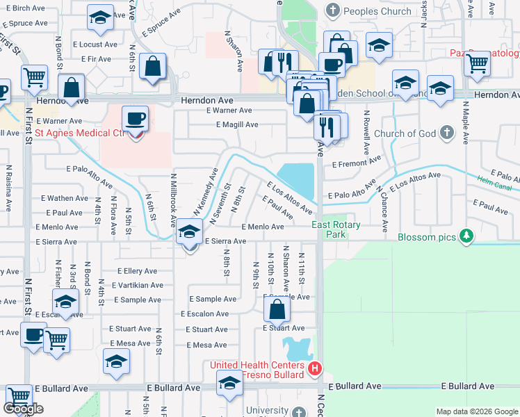 map of restaurants, bars, coffee shops, grocery stores, and more near 6515 North Spalding Avenue in Fresno