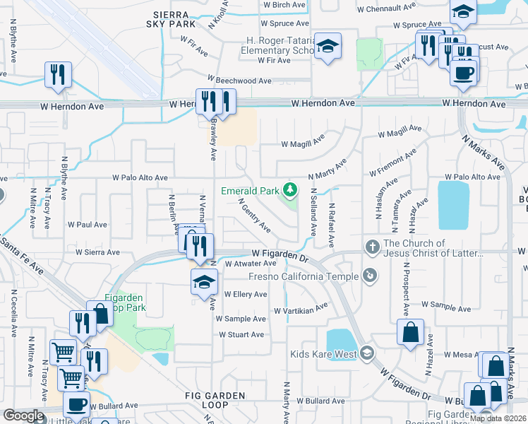 map of restaurants, bars, coffee shops, grocery stores, and more near 6539 North Knoll Avenue in Fresno