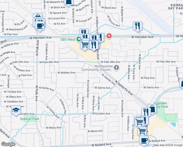 map of restaurants, bars, coffee shops, grocery stores, and more near 6558 North Lodi Avenue in Fresno