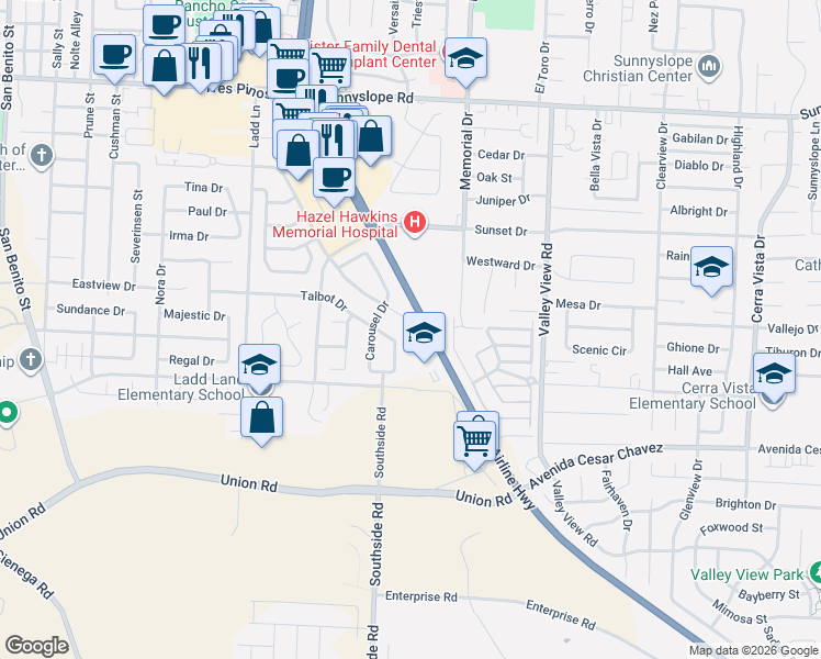 map of restaurants, bars, coffee shops, grocery stores, and more near Airline Hwy in Hollister