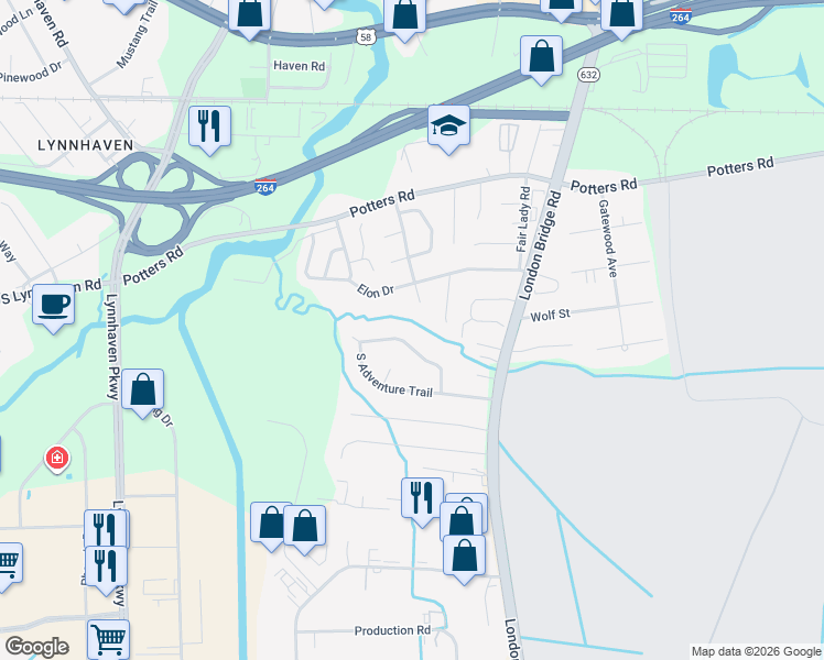 map of restaurants, bars, coffee shops, grocery stores, and more near 239 Cheltenham Drive in Virginia Beach