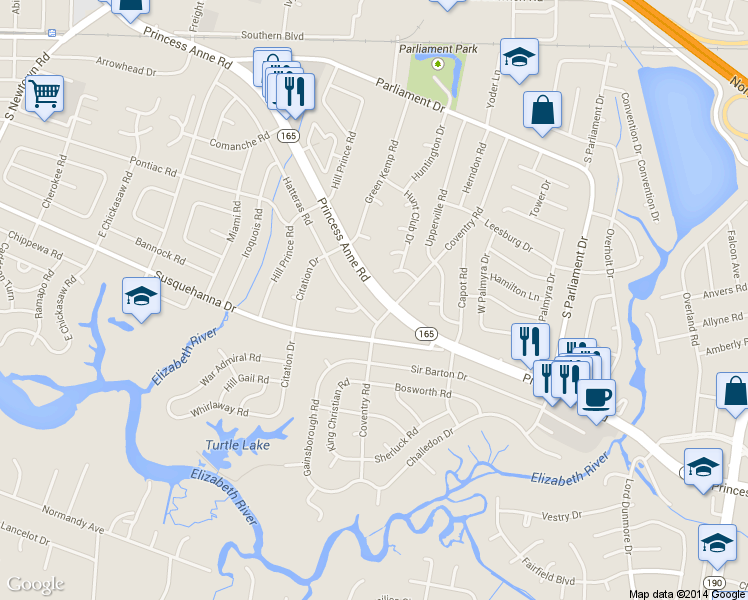 map of restaurants, bars, coffee shops, grocery stores, and more near 5412 Princess Anne Road in Virginia Beach