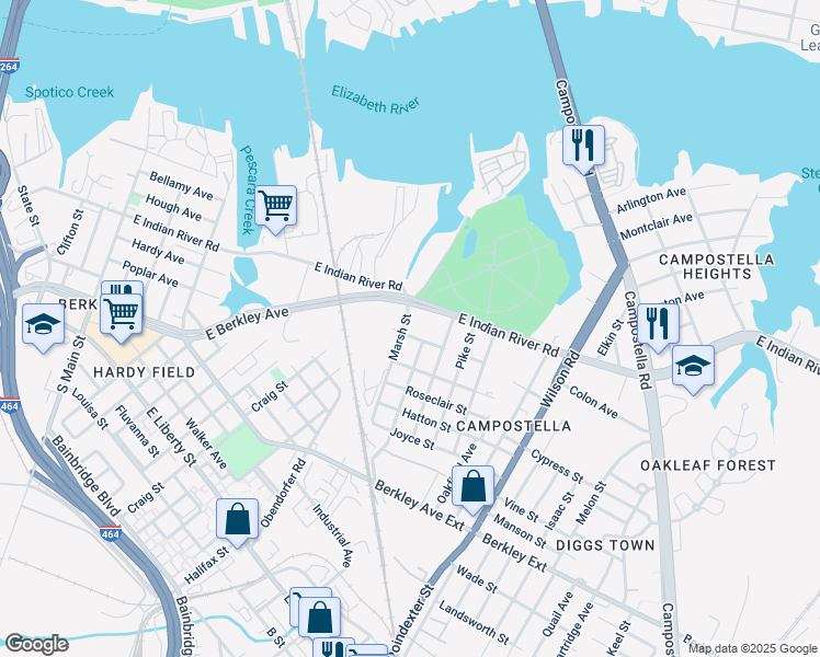 map of restaurants, bars, coffee shops, grocery stores, and more near 791 East Indian River Road in Norfolk