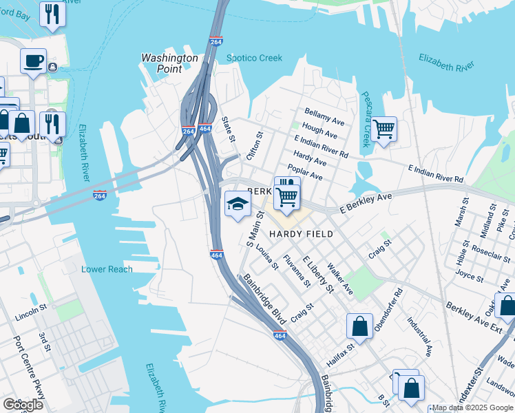 map of restaurants, bars, coffee shops, grocery stores, and more near 121 West Liberty Street in Norfolk