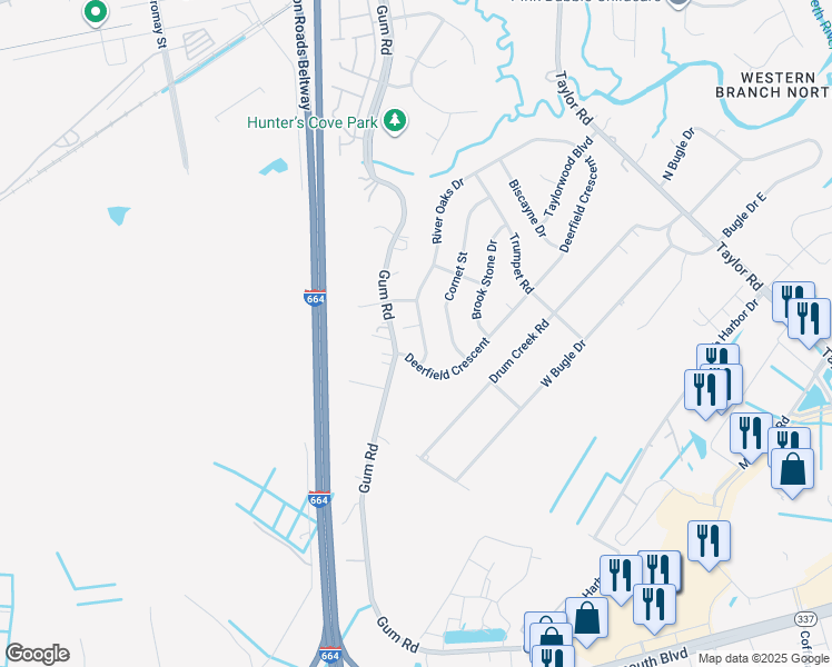 map of restaurants, bars, coffee shops, grocery stores, and more near 3101 Caymon Court in Chesapeake