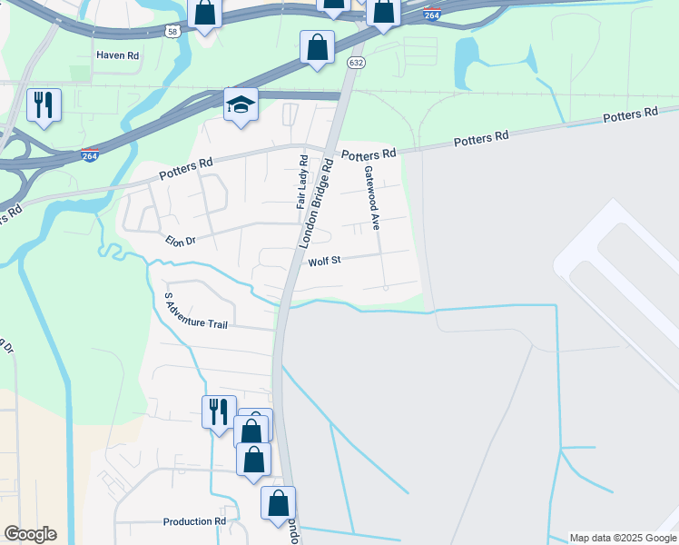 map of restaurants, bars, coffee shops, grocery stores, and more near 2260 Wolf Street in Virginia Beach