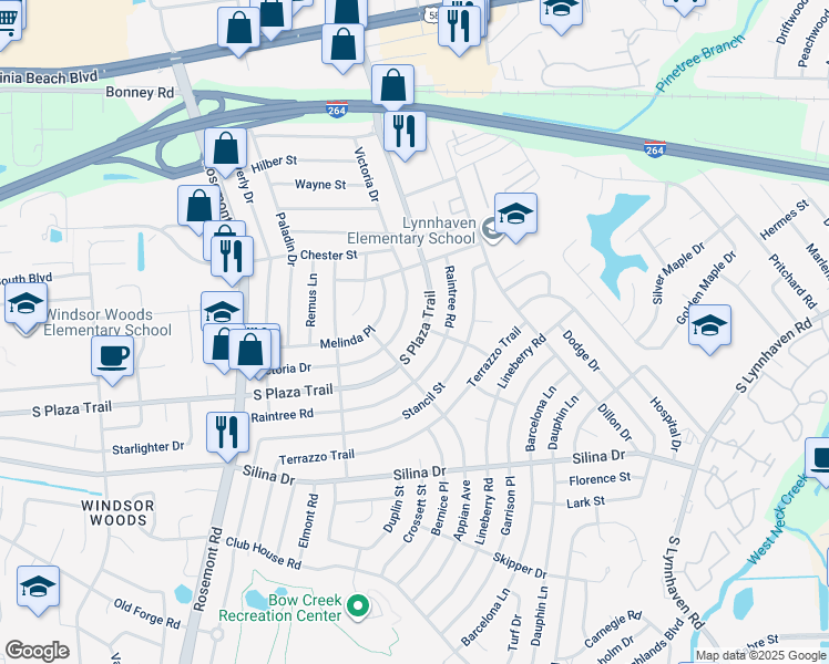 map of restaurants, bars, coffee shops, grocery stores, and more near 249 South Plaza Trail in Virginia Beach