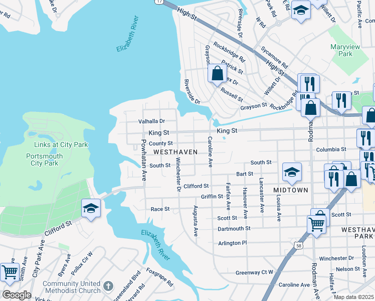 map of restaurants, bars, coffee shops, grocery stores, and more near 4406 Columbia Street in Portsmouth