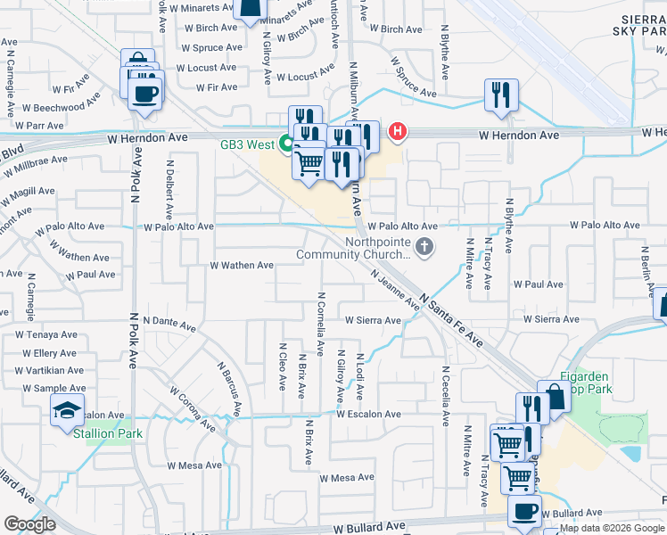 map of restaurants, bars, coffee shops, grocery stores, and more near 6558 North Lodi Avenue in Fresno