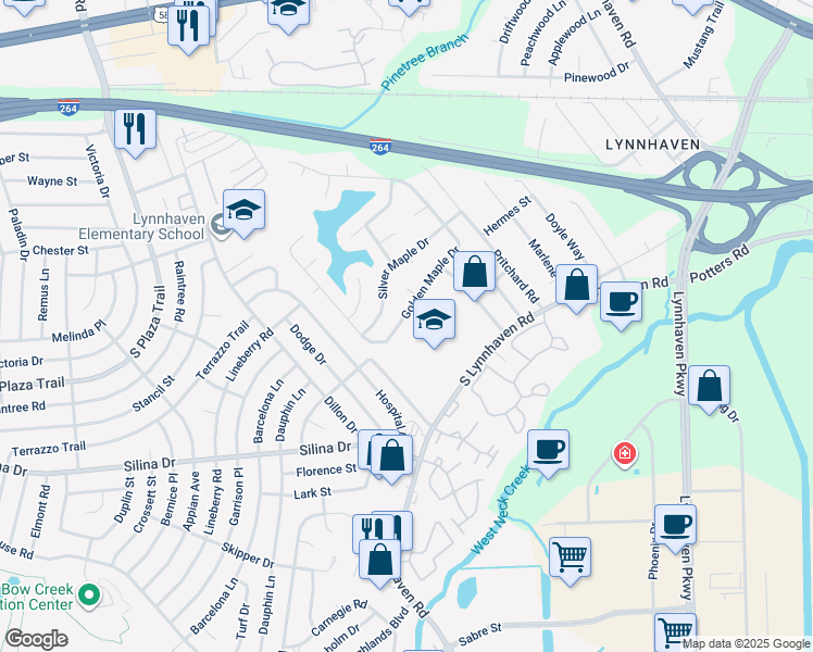 map of restaurants, bars, coffee shops, grocery stores, and more near 276 Golden Maple Drive in Virginia Beach