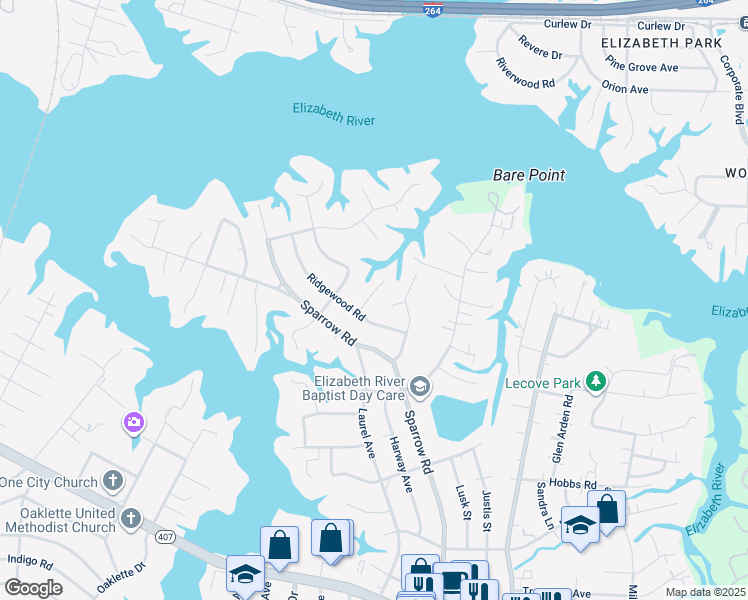 map of restaurants, bars, coffee shops, grocery stores, and more near 105 Ridgewood Court in Chesapeake