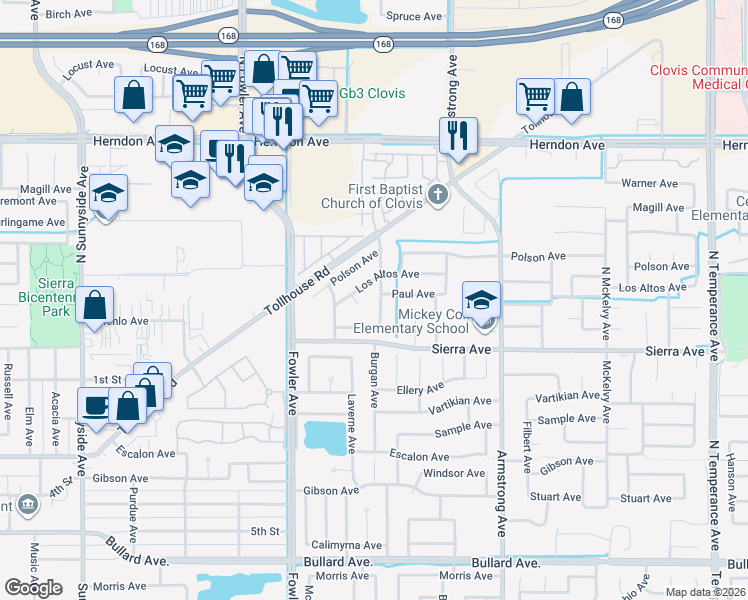 map of restaurants, bars, coffee shops, grocery stores, and more near 74 North Burgan Avenue in Clovis