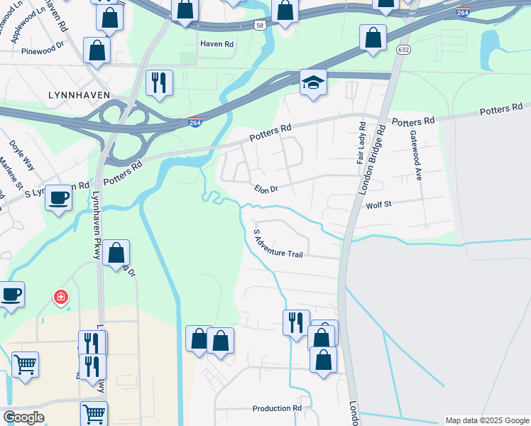 map of restaurants, bars, coffee shops, grocery stores, and more near 408 North Adventure Trail in Virginia Beach