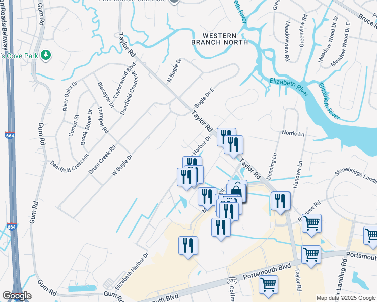 map of restaurants, bars, coffee shops, grocery stores, and more near 2814 Taylor Road in Chesapeake