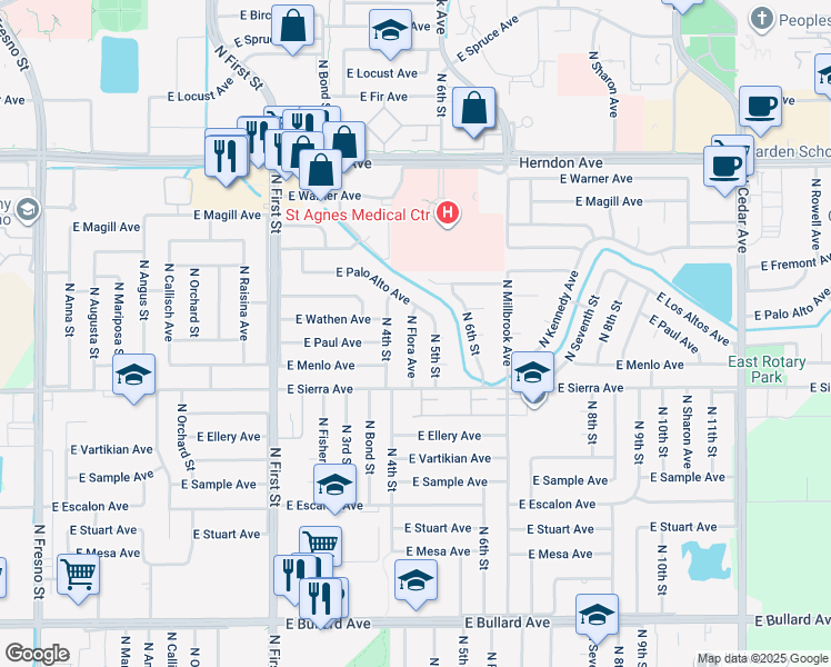 map of restaurants, bars, coffee shops, grocery stores, and more near 6498 North Flora Avenue in Fresno
