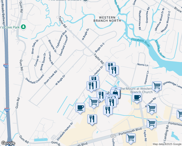 map of restaurants, bars, coffee shops, grocery stores, and more near 2814 Taylor Road in Chesapeake