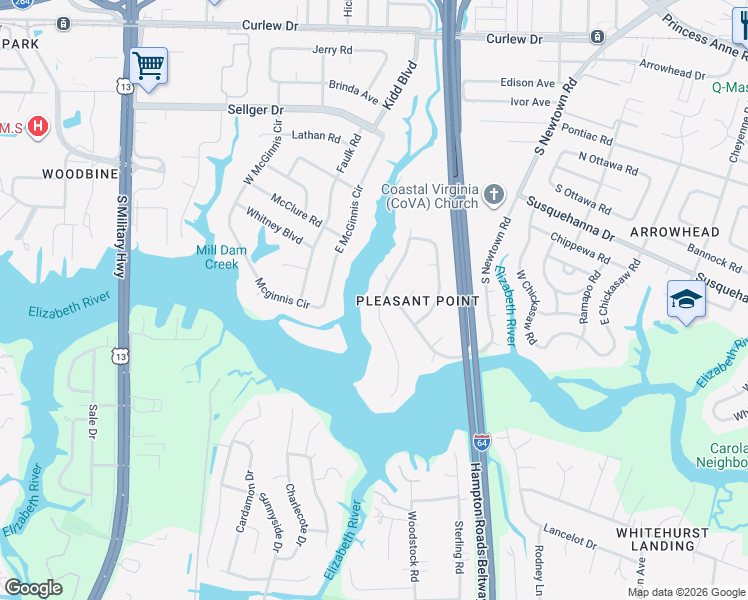 map of restaurants, bars, coffee shops, grocery stores, and more near 401 Peace Haven Drive in Norfolk
