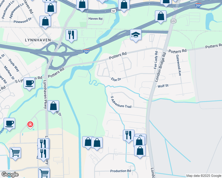 map of restaurants, bars, coffee shops, grocery stores, and more near 400 North Adventure Trail in Virginia Beach