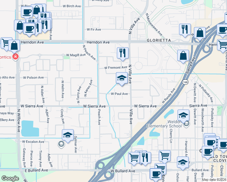 map of restaurants, bars, coffee shops, grocery stores, and more near 307 West Paul Avenue in Clovis
