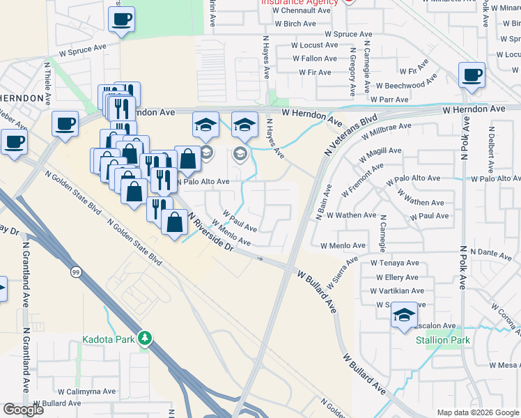 map of restaurants, bars, coffee shops, grocery stores, and more near 6140 West Goux Avenue in Fresno