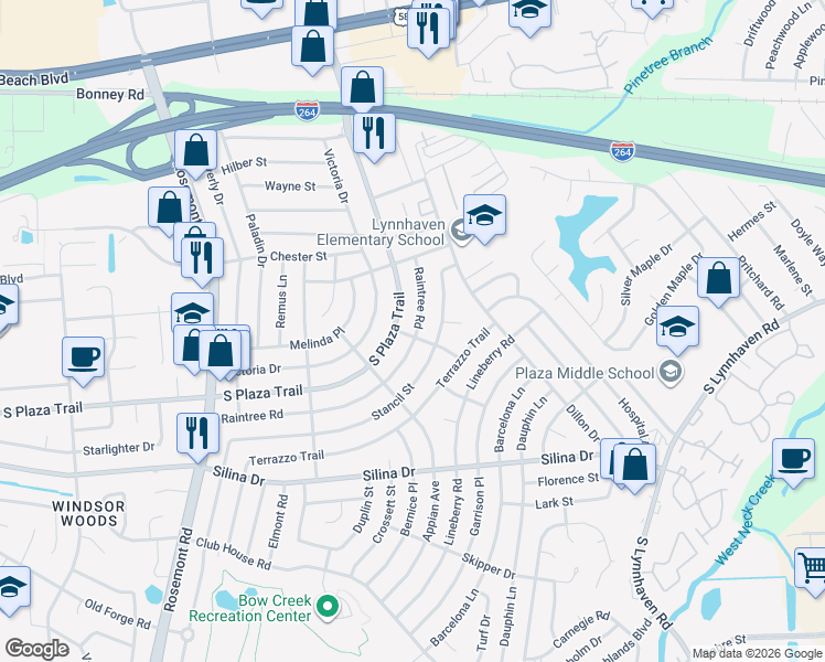 map of restaurants, bars, coffee shops, grocery stores, and more near 245 Raintree Road in Virginia Beach