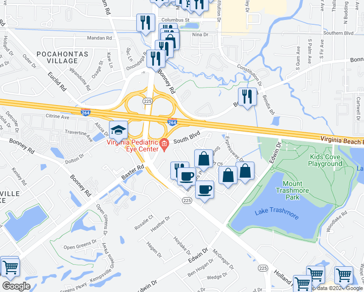 map of restaurants, bars, coffee shops, grocery stores, and more near 4560 South Boulevard in Virginia Beach