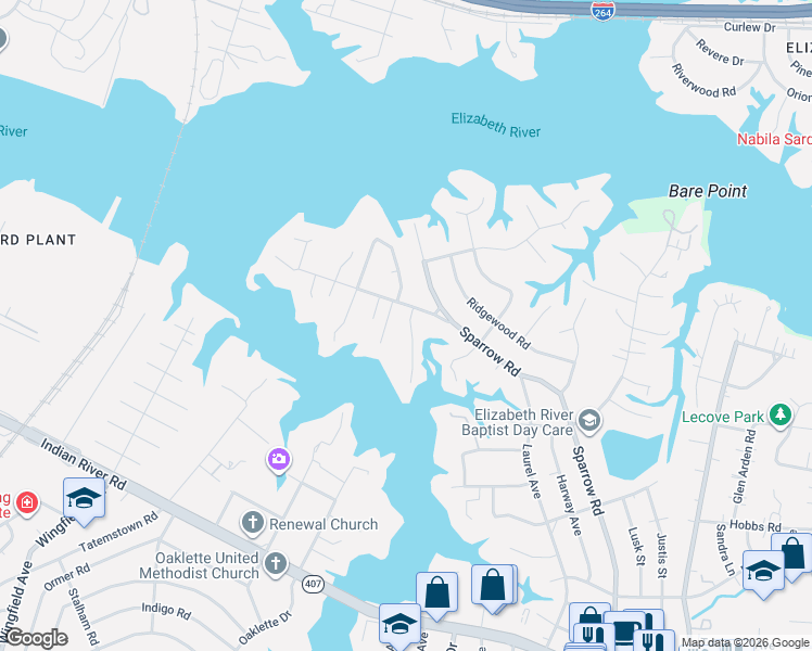 map of restaurants, bars, coffee shops, grocery stores, and more near 210 Sparrow Road in Chesapeake