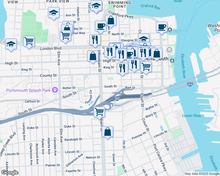map of restaurants, bars, coffee shops, grocery stores, and more near 638 South Street in Portsmouth