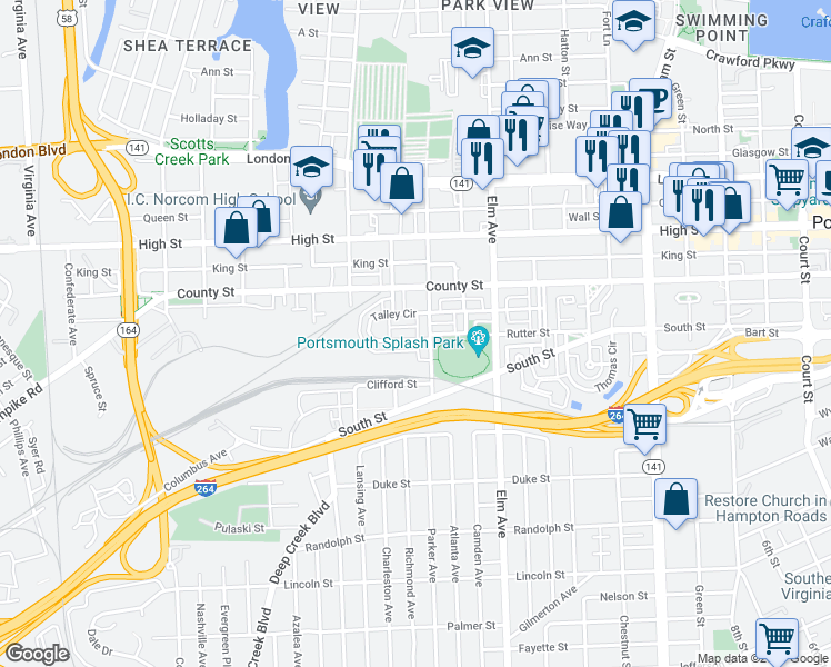 map of restaurants, bars, coffee shops, grocery stores, and more near 1547 Talley Circle in Portsmouth