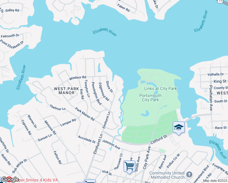 map of restaurants, bars, coffee shops, grocery stores, and more near 102 Shore Drive in Portsmouth
