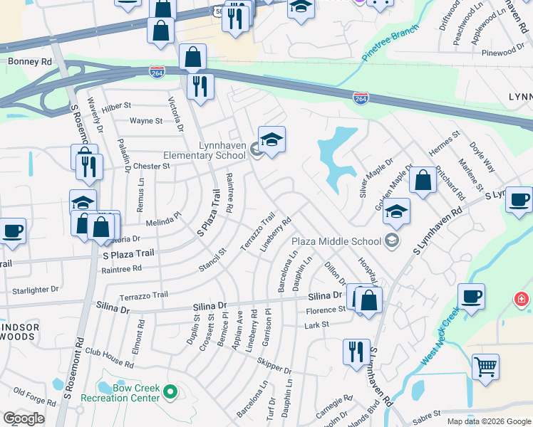map of restaurants, bars, coffee shops, grocery stores, and more near 252 Dillon Drive in Virginia Beach