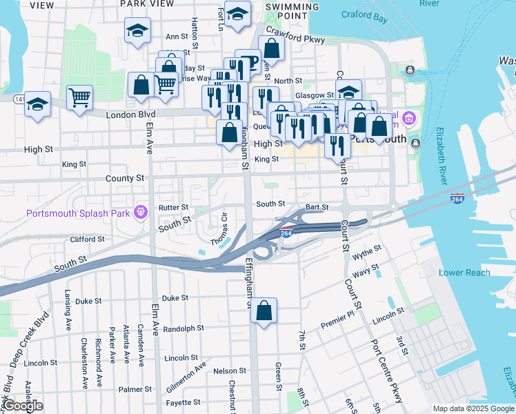 map of restaurants, bars, coffee shops, grocery stores, and more near 717 South Street in Portsmouth