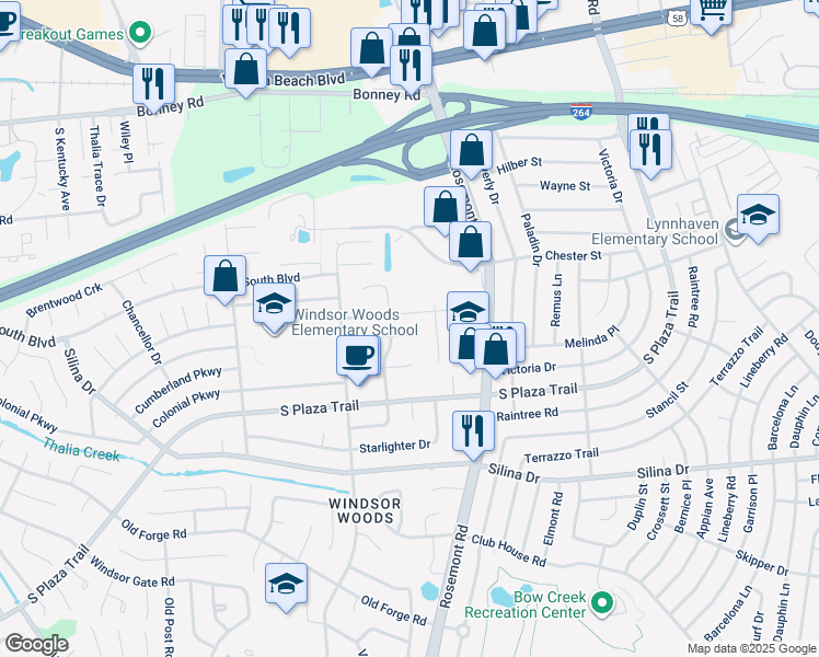 map of restaurants, bars, coffee shops, grocery stores, and more near 3608 Adirondack Court in Virginia Beach