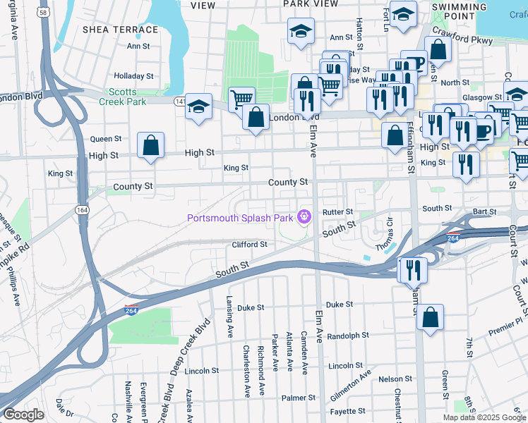 map of restaurants, bars, coffee shops, grocery stores, and more near 1547 Talley Circle in Portsmouth