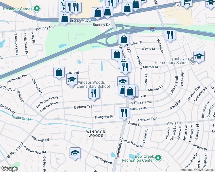 map of restaurants, bars, coffee shops, grocery stores, and more near 3608 Adirondack Court in Virginia Beach