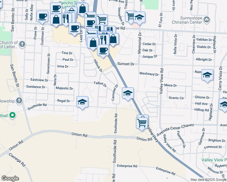 map of restaurants, bars, coffee shops, grocery stores, and more near 1948 Carousel Drive in Hollister