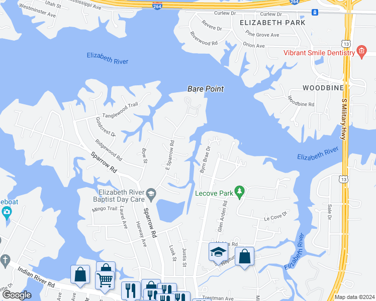 map of restaurants, bars, coffee shops, grocery stores, and more near 849 East Sparrow Road in Virginia Beach