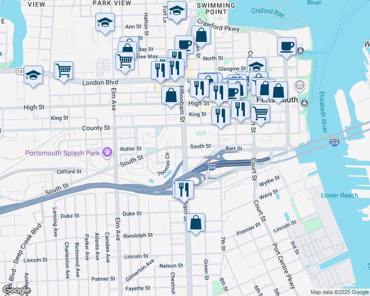 map of restaurants, bars, coffee shops, grocery stores, and more near 921 Effingham Street in Portsmouth